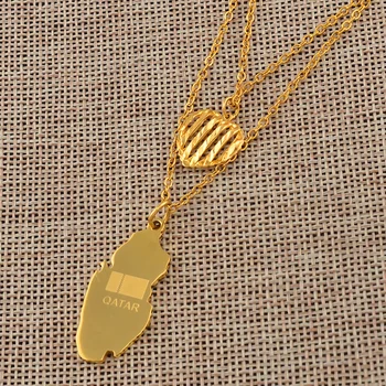 

Anniyo Charm Heart and Qatar Map Pendant Necklaces for Womens Girls Gold Color Jewelry Maps #141106