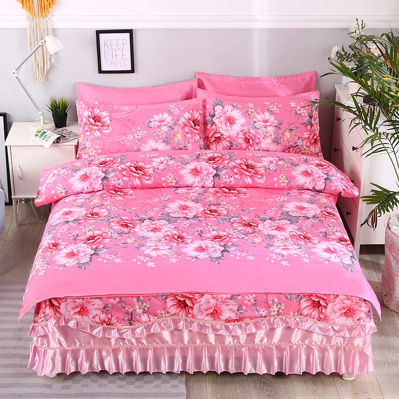 

Spring Bloom Pattern Ruffled Bedding Set Full/Queen King size Girls Duvet Cover Set Rubber Bedskirt Pink Blue Bed set Pillowcase