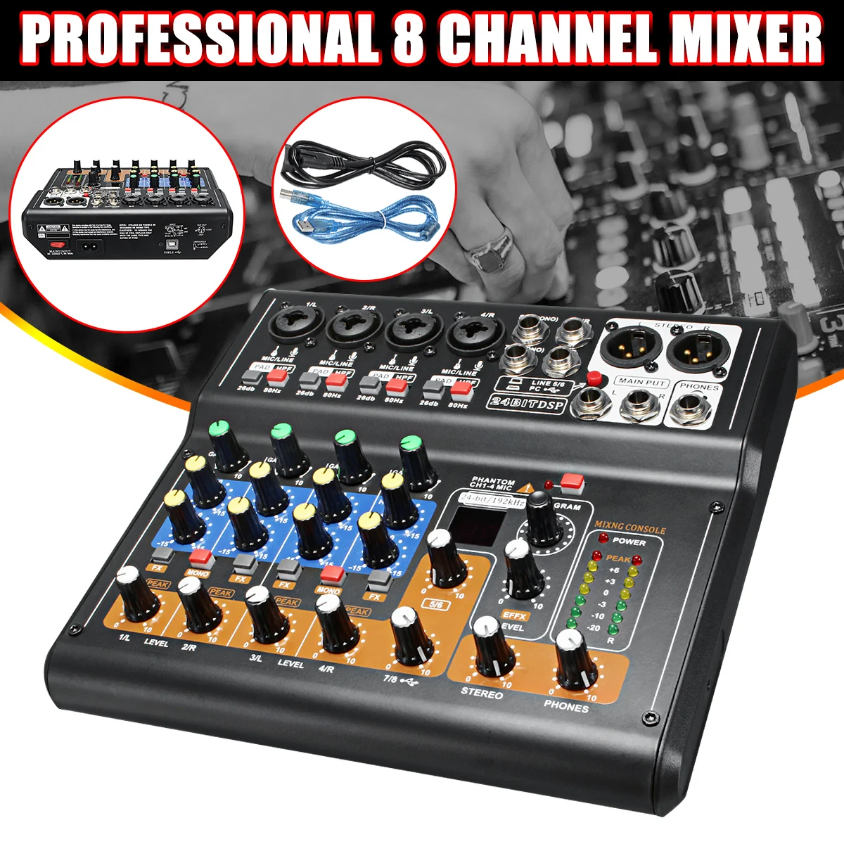 

Kinco Mini Portable Mixer 8 Channel Professional Live Studio Audio KTV Karaoke Mixer USB Mixing Console 48V for Family KTV