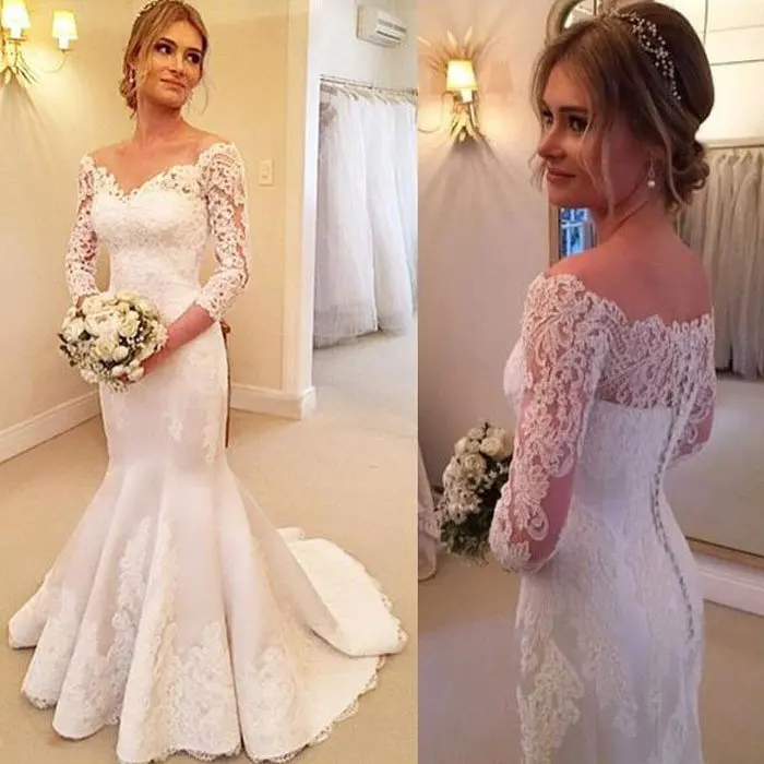 HQ Vintage Western Country Style Lace Wedding Dresses V Neck Illusion Long Sleeves Button Back Mermaid | Свадьбы и торжества