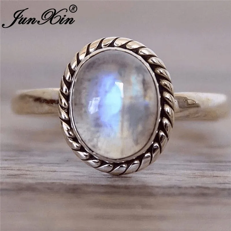 JUNXIN женское мужское кольцо с лунным камнем, заполненное серебром 925, большой камень огранки маркизы, белый опал, кольца для мужчин и женщин, складывающееся кольцо - Цвет основного камня: 02