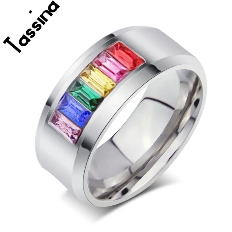 

Tassina 2017 Gay And Lesbian Pride Jewelry Round Stainless Steel Rainbow Ring Wedding LGBT Jewelry For Men And Women TNPR007