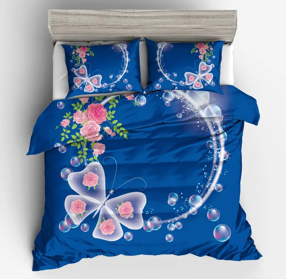 

HOT Sale Fashion Luxury 3D Butterflies Cartoon blue Printing Double Pattern Bedding sets include Duvetcover Pillowcase full size