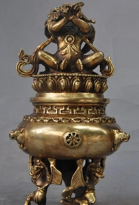 

8" tibet buddhism brass Mahakala buddha lotus beast statue incense burner Censer