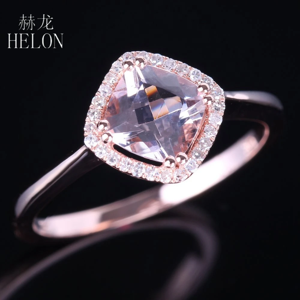 

HELON Solid 10k Rose Gold 6mm Cushion Cut 0.82ct Morganite Pave Diamonds Women's Jewelry Ring Engagement Wedding Gemstone Ring
