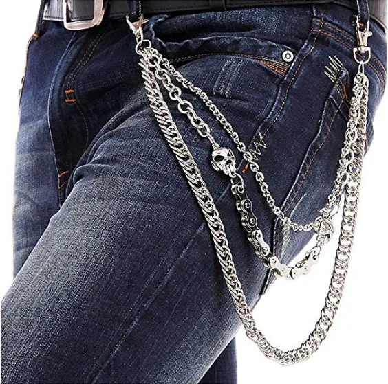 Mens Hip Top Punk Rock Jeans Pants Trousers Wallet Waist Chain Men's Skull Ghost Head Metal Chains Two Strands Biker Keychain