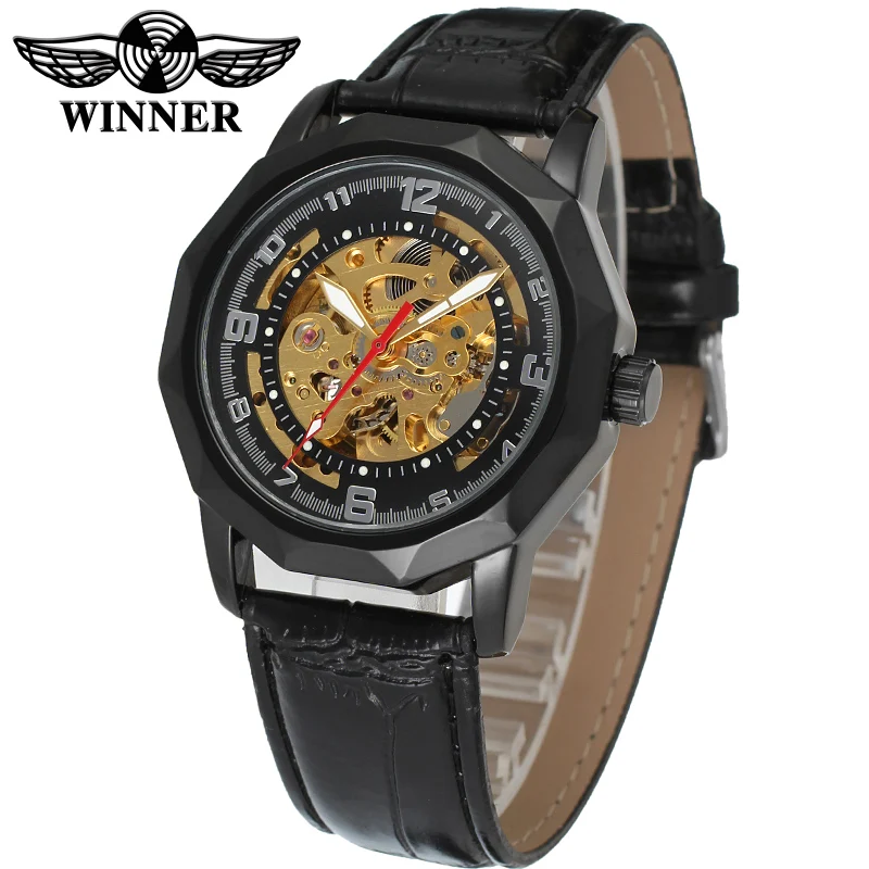 

Fashion WINNER Men Luxury Brand Business Skeleton Leather Strap Watch Automatic Mechanical Wristwatches Gift Box Relogio Releges