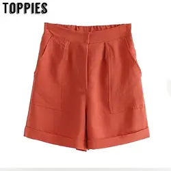 Шорты с завышенной талией и карманами прямые шорты Для женщин с эластичной резинкой на талии шорты-бермуды однотонные Цвет летние Короткие