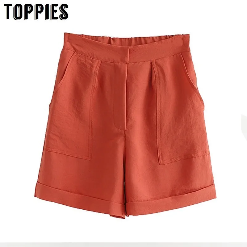 

High Waist Pocket Straight Shorts Women Elastic Waist Bermuda Shorts Solid Color Summer Hot Trousers Casual Streetwear