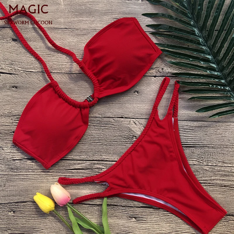 

New Braided Rope Bikini Set Sexy Women Swimsuit Hanging Neck Cross Strap Swimwear Femme Push Up Bikini Set Summer Beachwear