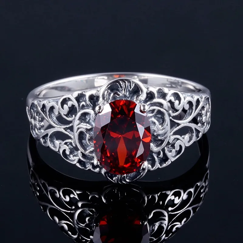 Szjinao Мода Стерлинговое Серебро-ювелирные изделия большие кольца мерцающий Винтаж Гранат Роза 925 серебряных колец для женщин модные