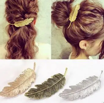 

Pretty Hair Clips Vintage Gold&Silver Metal Leaf Feather Shape Hairpin Elegant Barrettes Headwear Decorative Jewelry