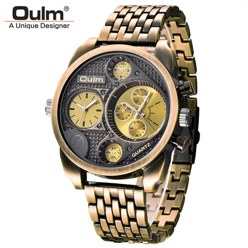 Oulm индивидуальность большие часы мужские роскошные брендовые кварцевые наручные часы золотые мужские полностью стальные часы Военные мужские часы montre homme - Цвет: 1