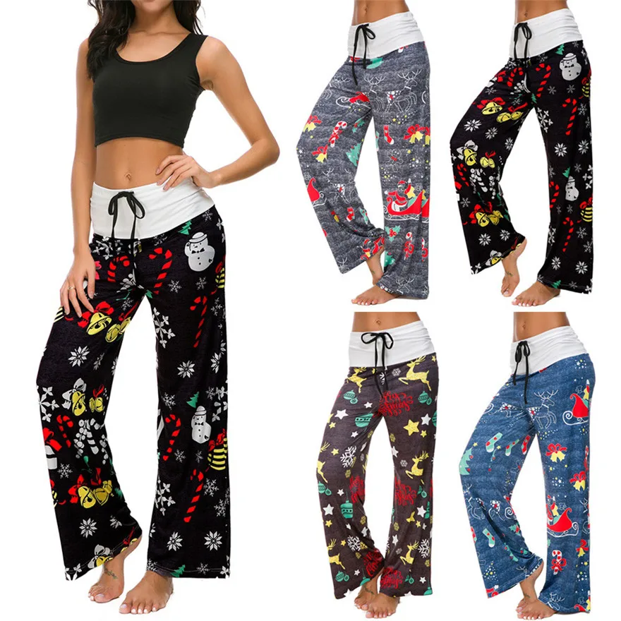 Wide Leg Pants Women Christmas Xmas Prints Hight Waist Loose Drawstring
