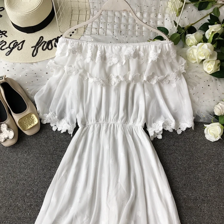 Кружевное Плиссированное летнее платье миди с открытыми плечами в Корейском стиле, винтажное элегантное платье размера плюс, туника белого и розового цвета, Пляжное Платье в стиле бохо, женское платье Vestidos
