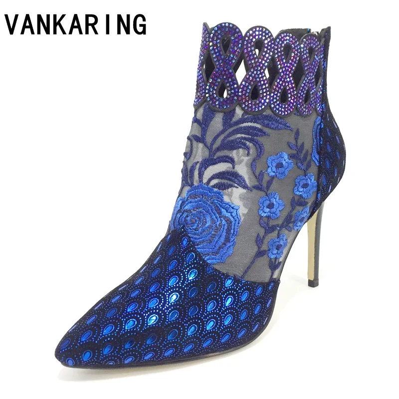 

brand sheep-skin leather+mesh air pumps fashion ankle boots woman sexy pointed toe summer dress boots woman high heels sandals