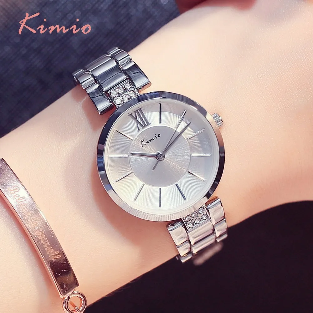 KIMIO Thin Clock Women Fashion Simple Watches Rhinestones Dress Woman Watch Rose Gold Quartz Ladies Women's Watch Wristwatch