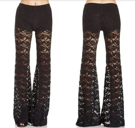 Club2015 moda mujer Pantalones Sexy Crochet doble capa para mujer perspectiva de encaje Pantalones más los Pantalones del tamaño|pant blackpants for pregnant women -