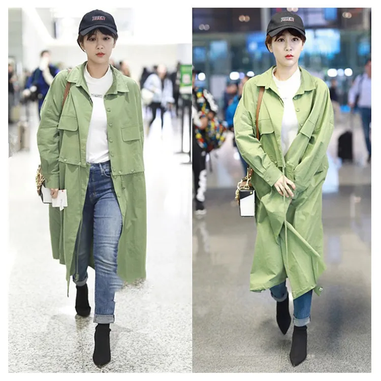 The Same Green Stitching Lapel Two Removable Long Medium Windbreaker Jackets BF Former Women College 2019 Long Coat Woman The Same Green Stitching Lapel Two Removable Long Medium Windbreaker Jackets BF Former Women College 2019 Long Coat Woman