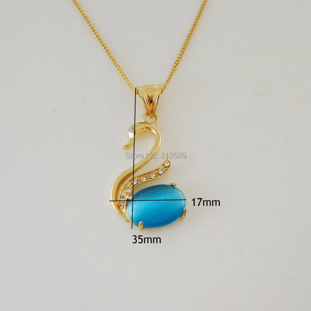 

Min Order 10$/- YELLOW GOLD GP 18.5" NECKLACE & SWAN BLUE CAT EYE CZ STONE PENDANT/Great Gift/ Money Maker