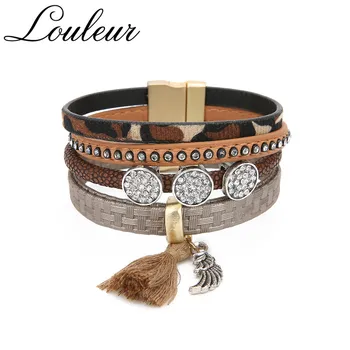 

Louleur Multilayer Leopard Crystal Leather Bracelet For Women Men Vintage Tassel Charm Wide Wrap Bracelets & Bangles Jewelry