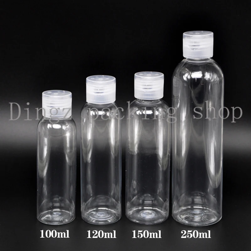 

50pcs 100/120/250ml transparent empty PET plastic bottle flip top caps shampoo lotion cosmetics bottles clear travel kit bottles