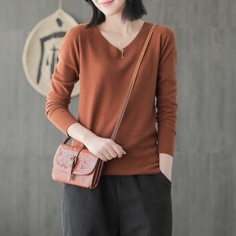 

Autumn Winter T-shirt Slim-type Mori girl T-shirt Tops V-Neck Solid color Blended Female 2018 Fashion Casual T-shirt Tops