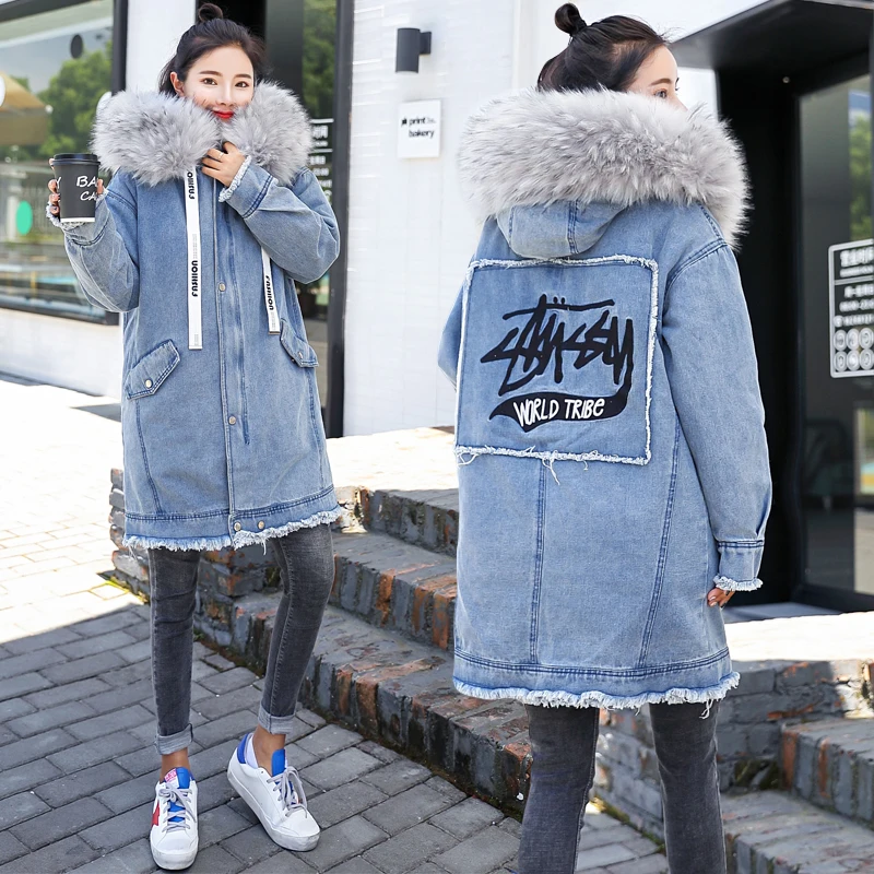 2018 New Warm Winter Bomber Women Hooded Coat Jeans Denim Jackets Thick Cotton Long Basic Ladies Top Windbreaker Female Large