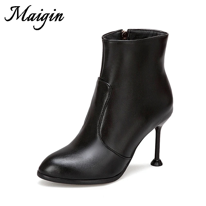 Maigin 2018 Autumn Ankle Women Boots Pointed Toe High Heels Footwear Black Soft Leather Ladies Booties Big Size 10 Female Shoes