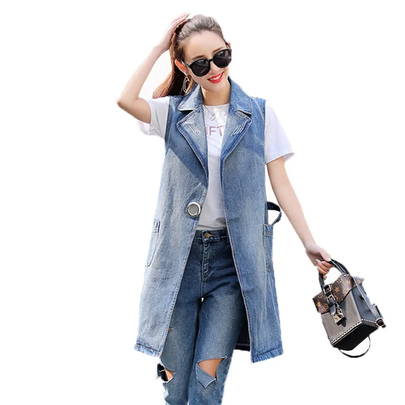 

Plus Size Sleeveless Denim Long Vest Jacket Womens Colete Jeans Gilet Coat Veste Femme Vests Of Women Clothing Streetwear Weste