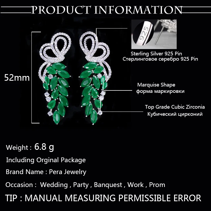 Pera модные серьги из стерлингового серебра 925 пробы, ювелирные изделия для ушей, большие серьги в форме маркизы с зеленым кубическим цирконием для женщин, вечерние серьги, подарок E164