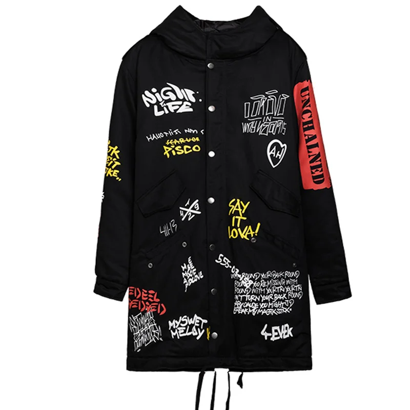 Осенняя куртка с граффити длинное пальто Китай есть хип-хоп звезда Swag Tyga Верхняя одежда Пальто размер США Xs-XL