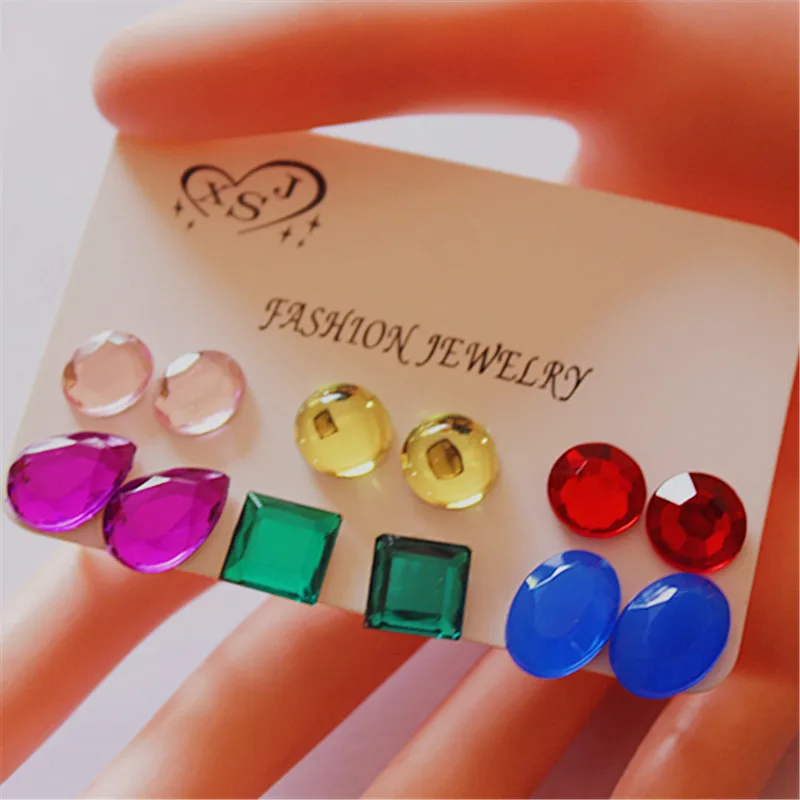 

New fashion women's jewelry wholesale girl party earrings powder / green / blue / red beautiful mix 6 pairs / set earrings gifts