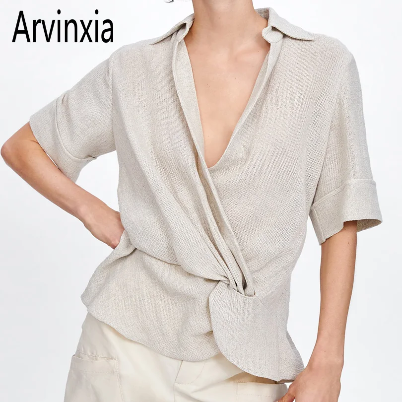 

Arvinxia ZA Sexy Solid Deep V Neck Linen Woman Blouse New Short Sleeve Ruffles Lady Shirt Fashion Loose V-Low Woman Summer Blusa