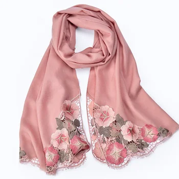 

100% Wool Scarf Women Flower Embroidery Sheep Wool Shawls Wraps Pashmina Winter Fall Pink Soft Warm Oversized Pure Wool Scarves