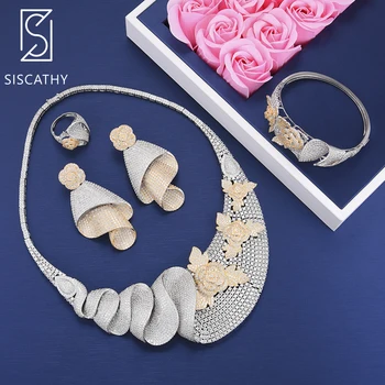 

Siscathy Luxury Nigerian Wedding Jewelry Sets Cubic Zirconia 4PCS Collar Necklace Earrings Bangle Resizable Ring Jewelry Sets
