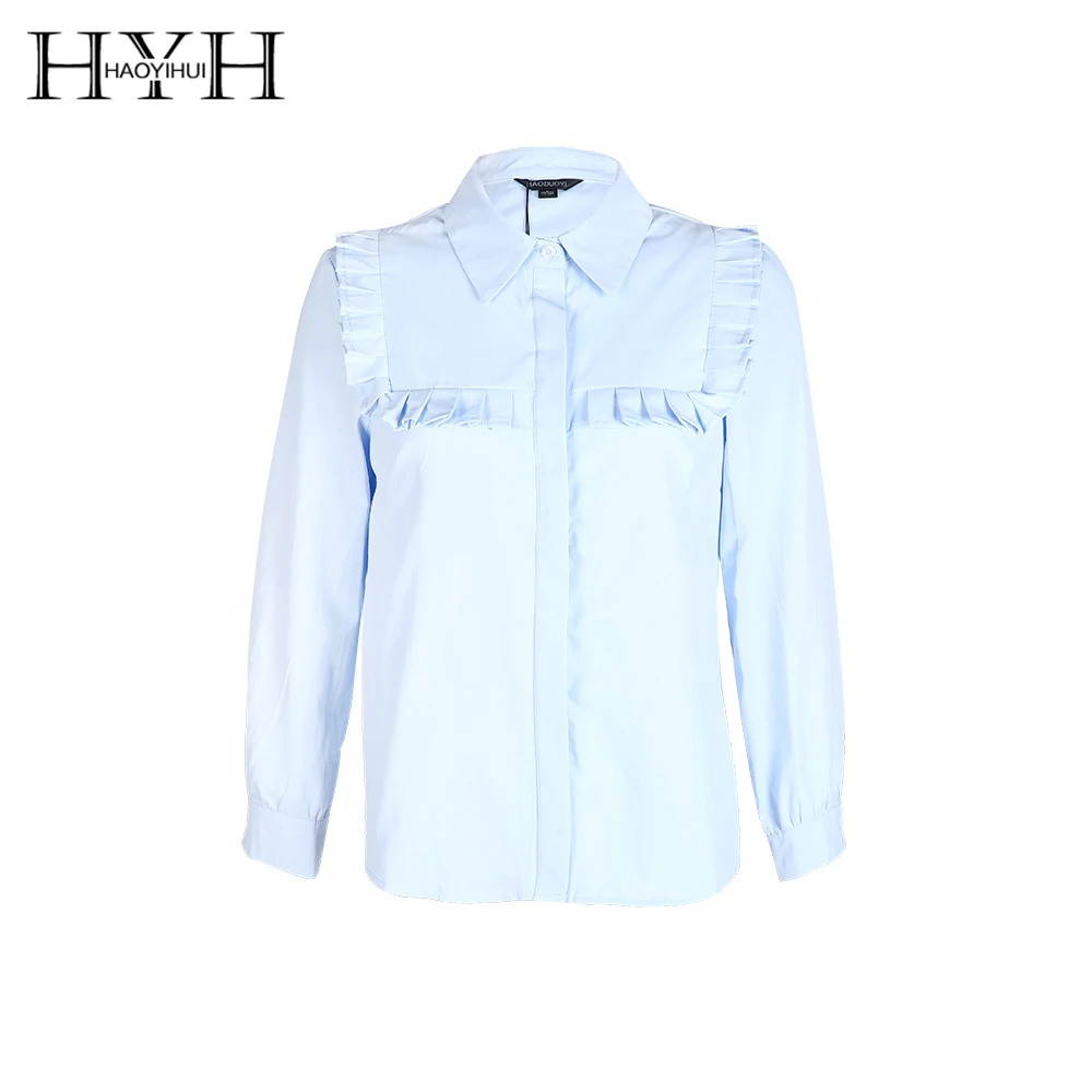 

HYH HAOYIHUI Solid Blue Women Blouse Turn-down Collar Long Sleeve Button Casual Blouse Ruffle Pleated Streetwear Sweet Blouse