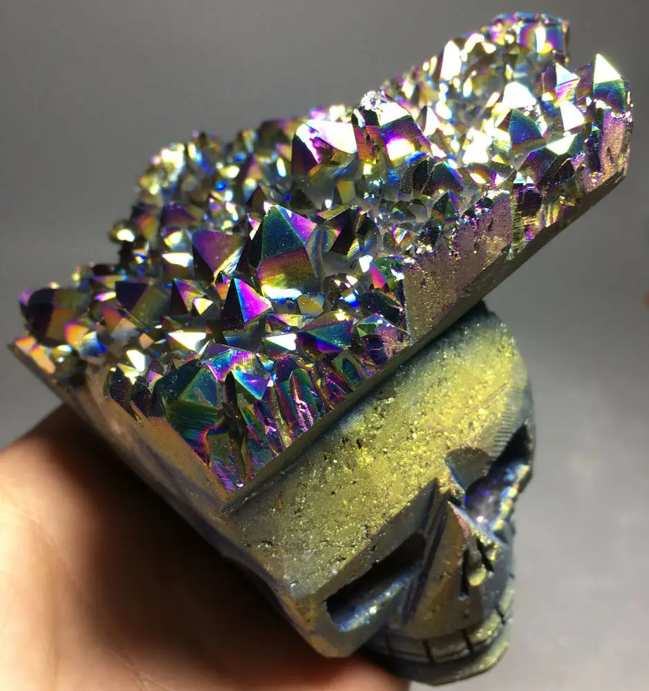 

545g Purple &Blue Aura Natural Carving Skull Titanium Silicon Rainbow CRYSTAL pokemon figures
