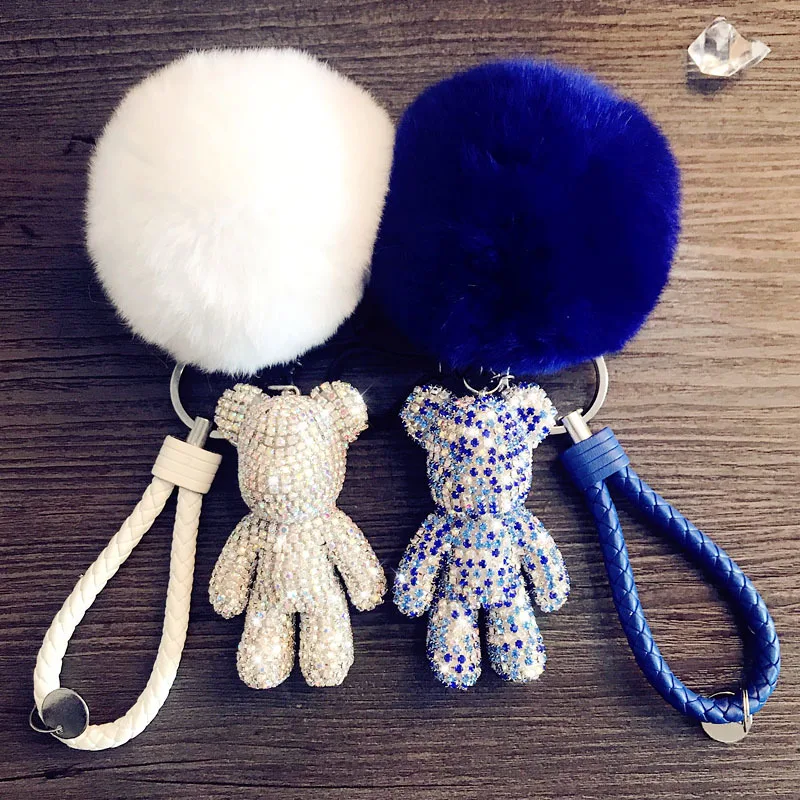 

Pompom Fur Ball Leather Weave Rope Bomgom Popobe Gloomy Bear Keychain Car Key Holder Charm Rhinestone Key Ring Chain Bag Pendant