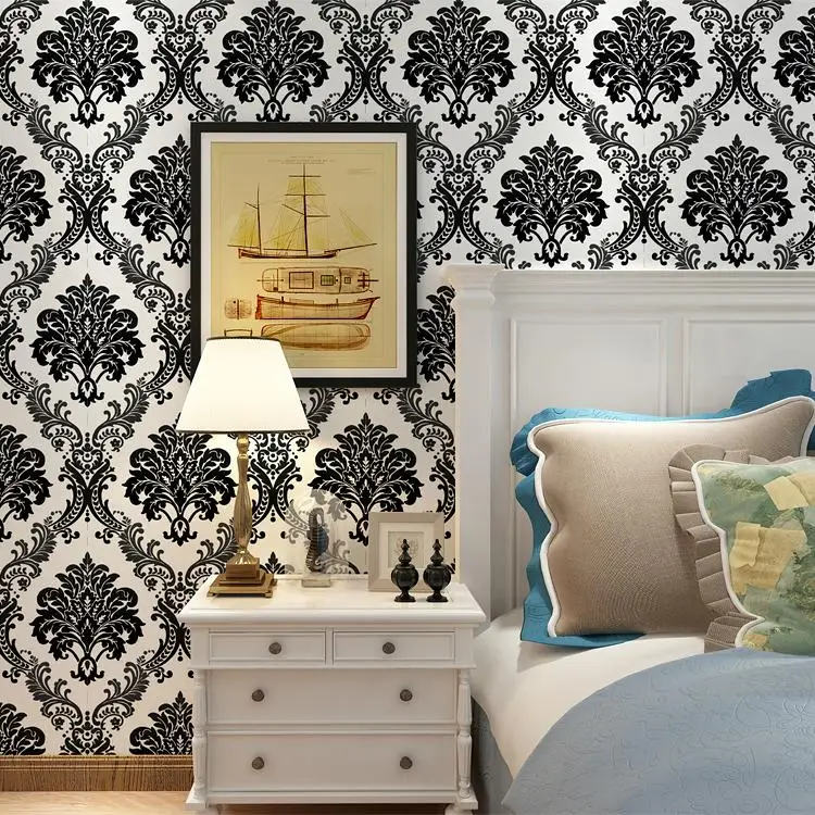 Haokhome Floral Damask Wallpaper Non Woven Wall 3d Rolls White/Black Textured For Living room bedroom home art decoration Haokhome Floral Damask Wallpaper Non Woven Wall 3d Rolls White/Black Textured For Living room bedroom home art decoration