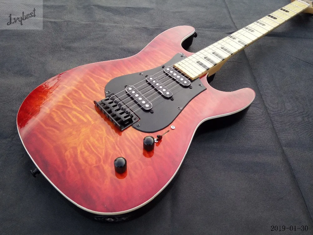 

High Quality electric guitar customized,quilt cherry burst body top,solid black back,maple neck and fingerboard,black inlay!