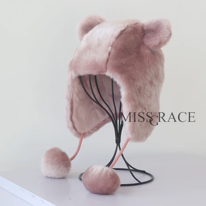 

Children hat faux fur rabbit pink winter thermal thickening Bomber Hats ear protector hat