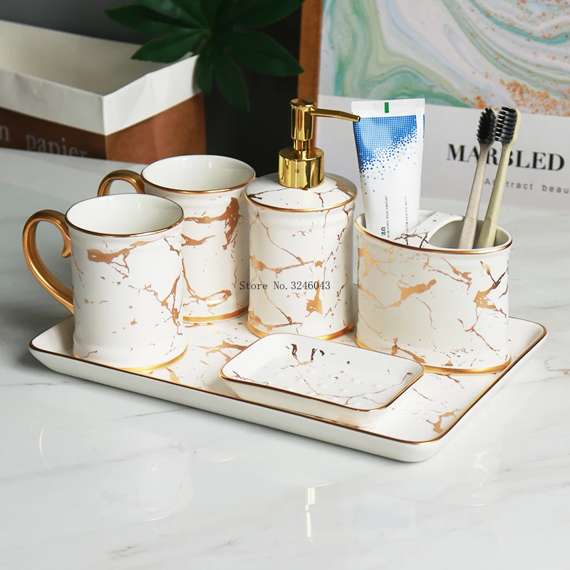 European high end light luxury bathroom wash set Marbled ceramic 5