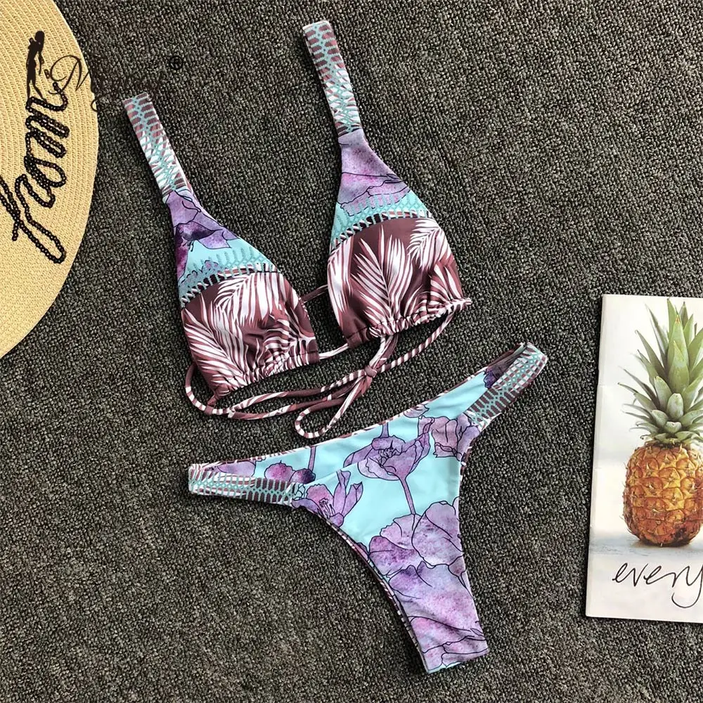 

Miyouj Retro Floral Bikini Bandage Sexy String Swimsuit Low Waist Print Leaf Swimwear Patchwork Bathing Suit Women Biquini Thong