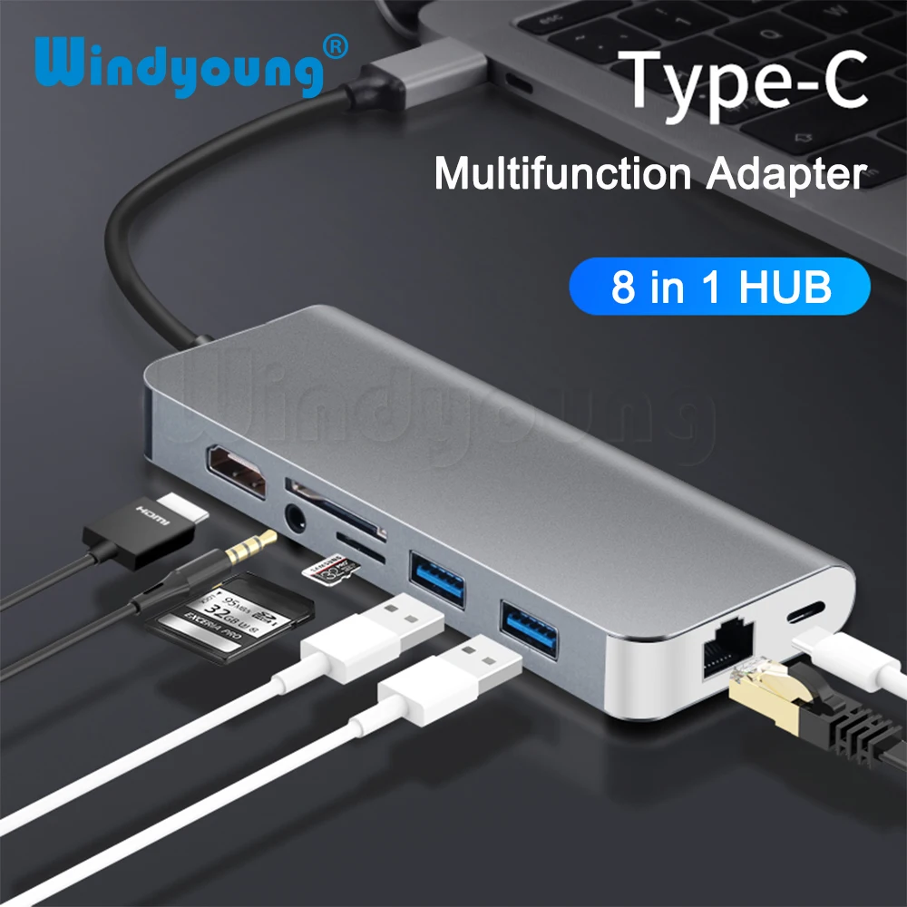 

8 in 1 Type C HUB USB-C to HDMI RJ45 Gigabit 3.5mm Audio SD TF Card Reader USB3.0 PD Charging USB-C Adapter Cable for Mac Laptop