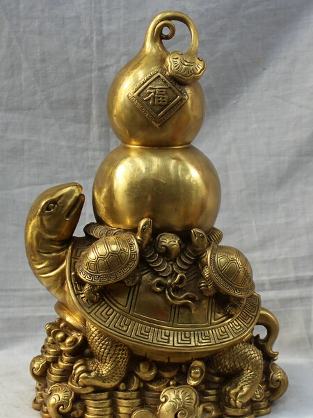 

JP S0524 14" Chinese Fengshui Cucurbit Gourd On Money Wealth Dragon Tortoise Brass Statue Discount 35%