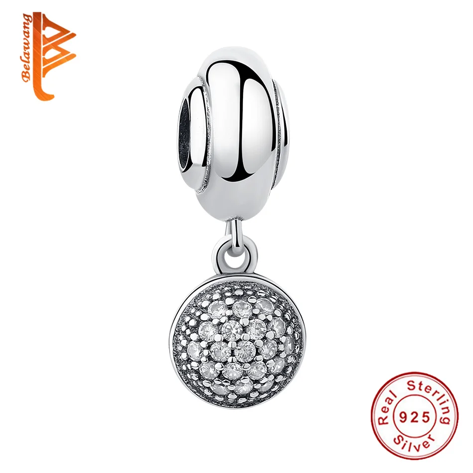 

BELAWANG 100% 925 Sterling Silver Clear CZ Crystals Round Bead Charms fit Original Pandora Bracelet Women DIY Jewelry Making