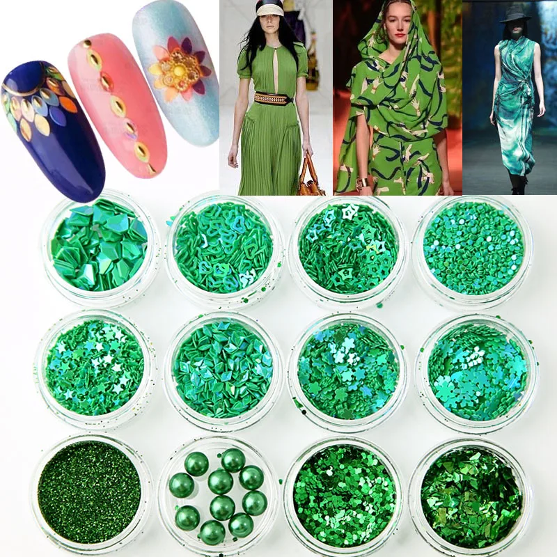 

12pieces green Laser Flakes For Nail Art Body Glitter Acrylic Powder Dust Nail Sequins Manicure Decoration