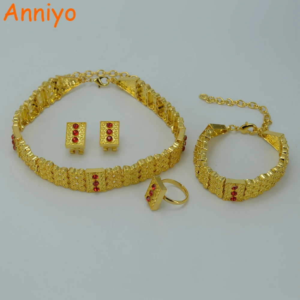 

Anniyo Gold Color Ethiopian Jewelry sets Chokers Necklace/Earrings/Ring/Bracelet Eritrea Habesha Africa Wedding set #011306
