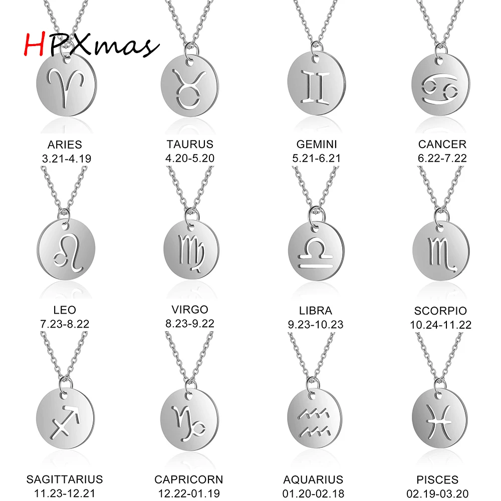 

HPXmas Fashion Round coin Titanium steel 12 Constellation Zodiac Sign Virgo Leo Virgo Pendant Necklace Women Men Jewelry C42